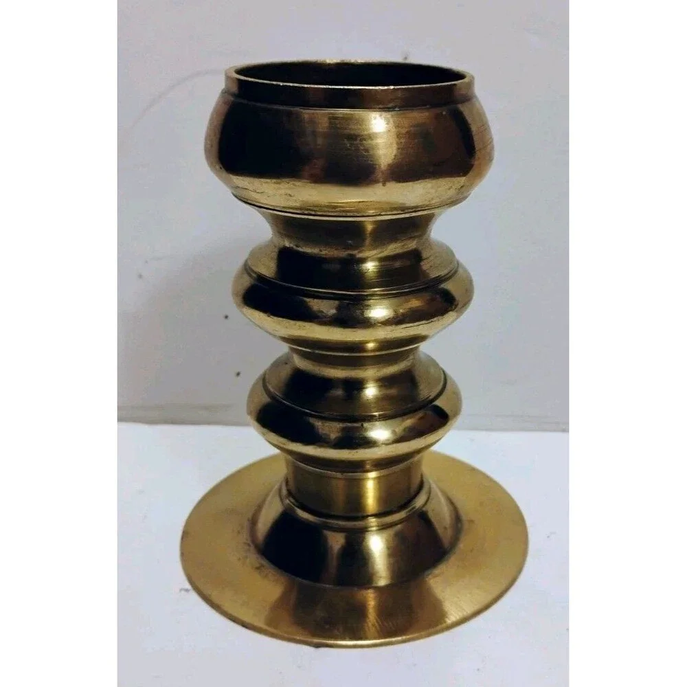 Vtg Heavy Solid Brass Ribbed Column Candlestick Holder Low Profile Flare Base 5